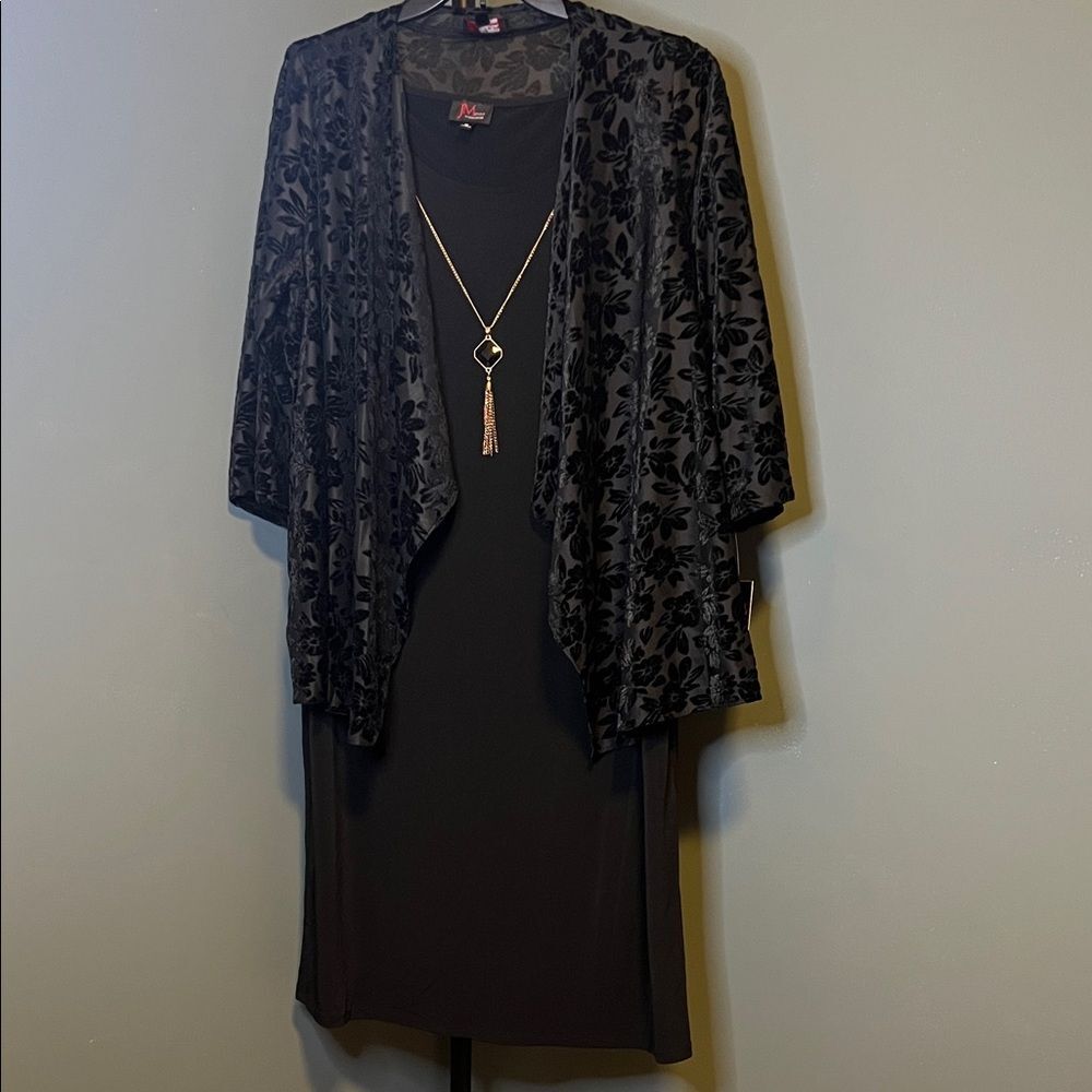 JM Studio Elegant Black Floral Midi Dress with floral jacket